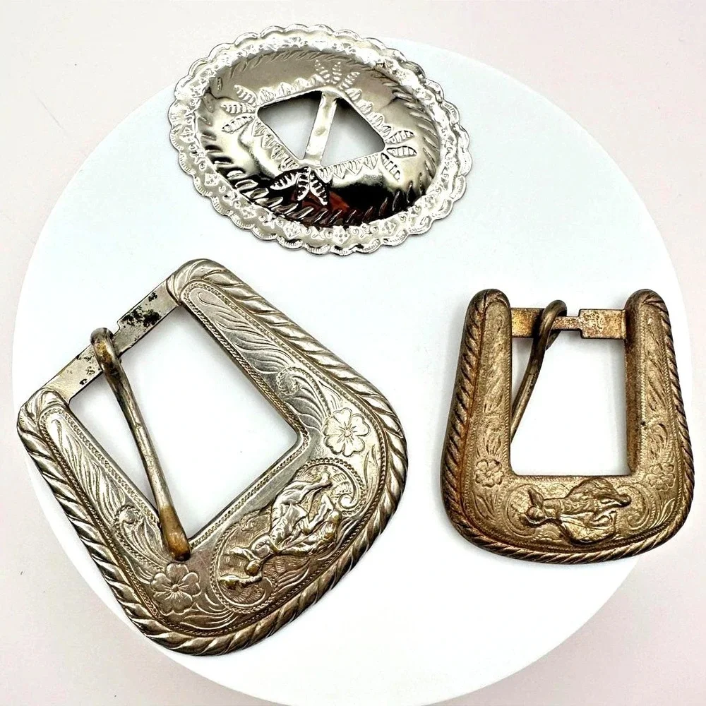 Vintage 80s 90s Western Floral Engraved Slotted Concho Belt Buckles Set Y2K Boho